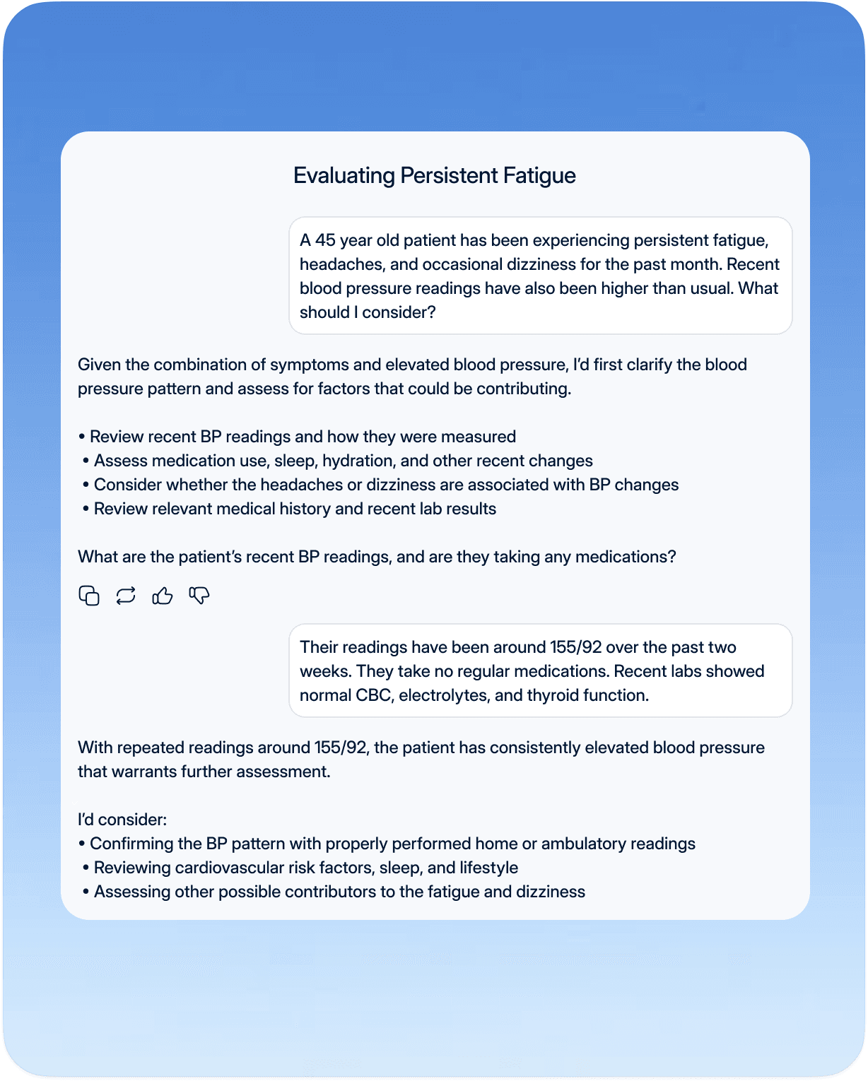 Clinical AI chat reviewing a persistent fatigue case with a structured, cited response