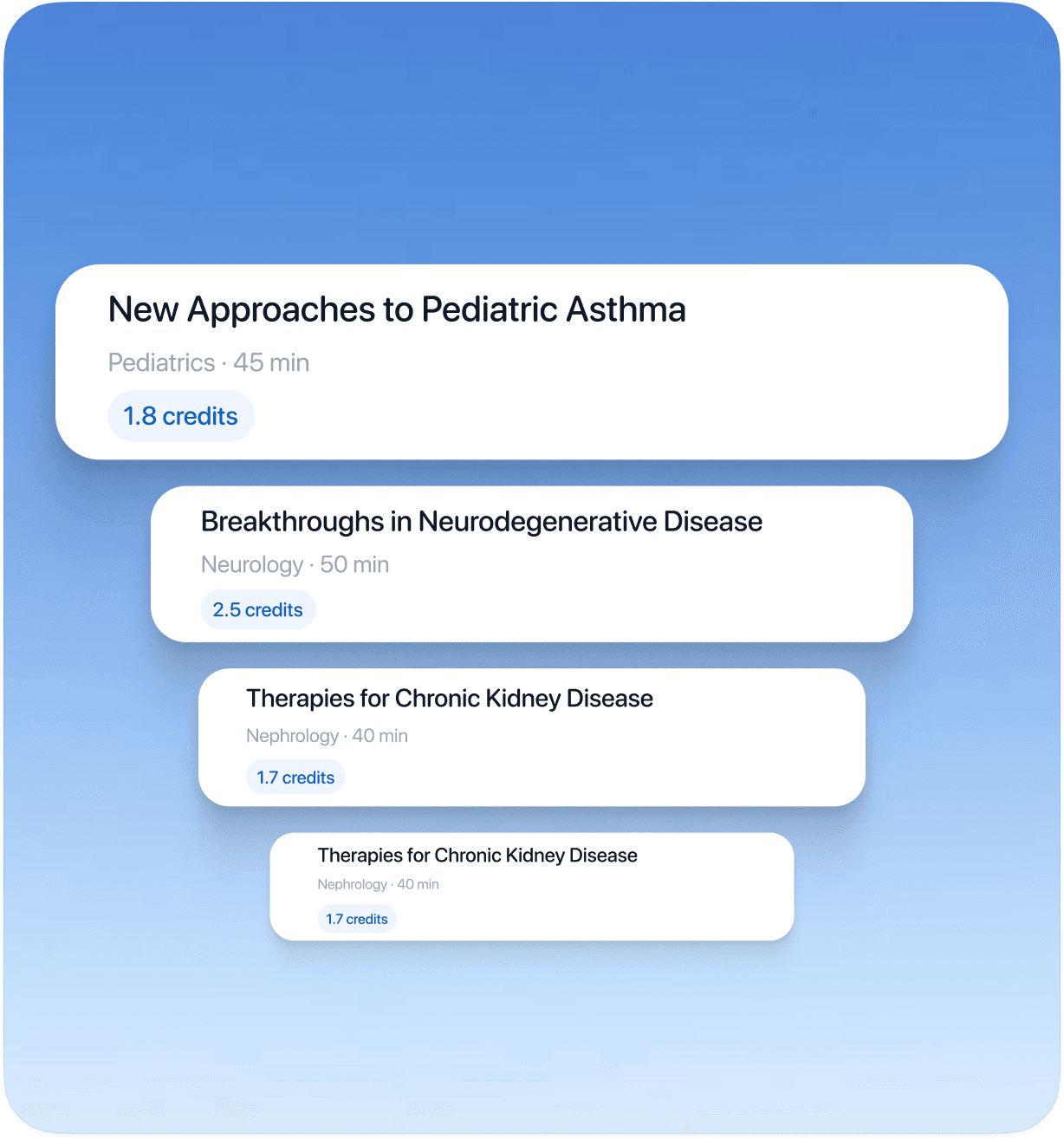 Stacked CME course cards including pediatric asthma, neurodegenerative disease, and chronic kidney disease